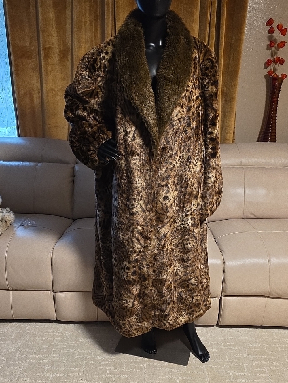 Luxury Brown Faux Fur Long Coat with Plush Collar